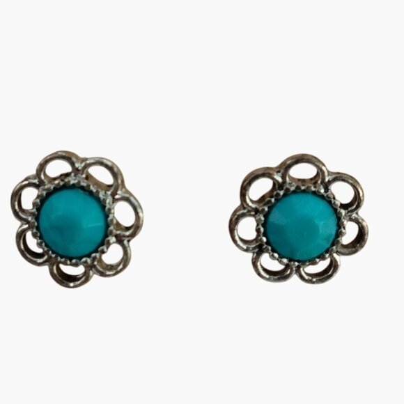 Silver Turquoise Flower Stud Earrings Vintage - Picture 1 of 3